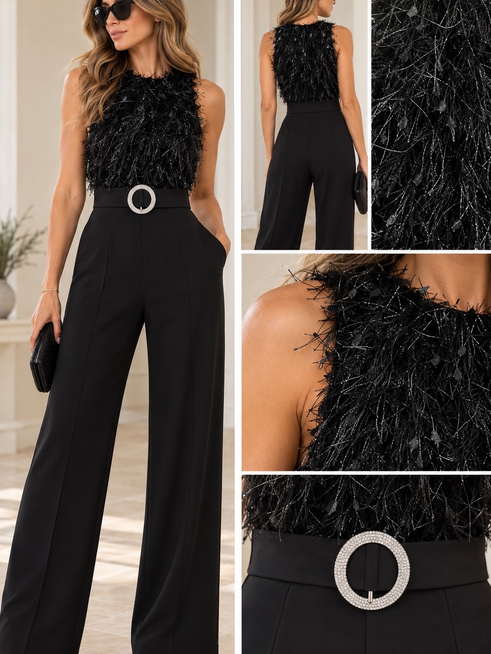 AM PM Outfits Black Textured Wide Leg Jumpsuit Rhinestone Buckle Size S